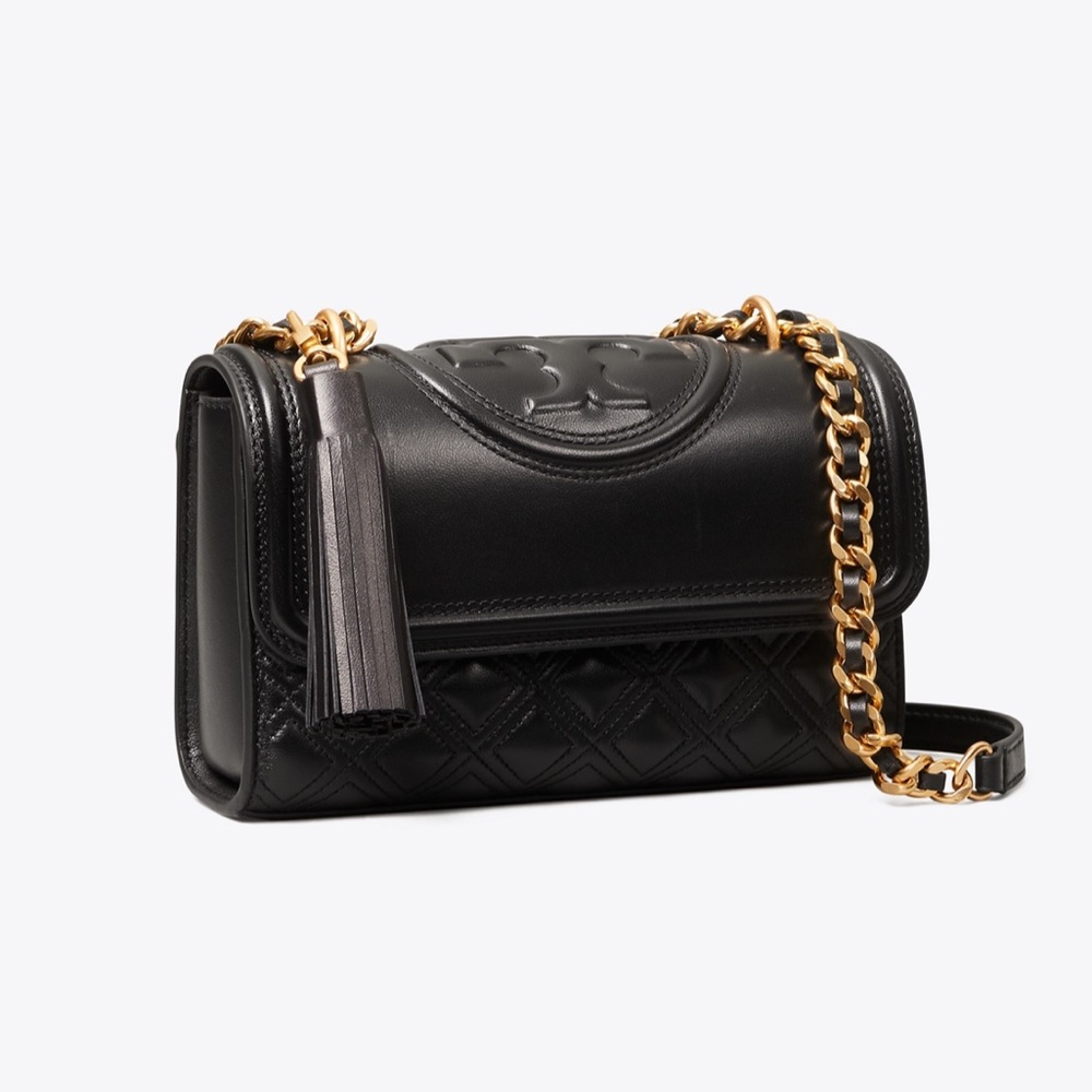 Tory Burch Black Leather Quilted Crossbody with Gold Chain